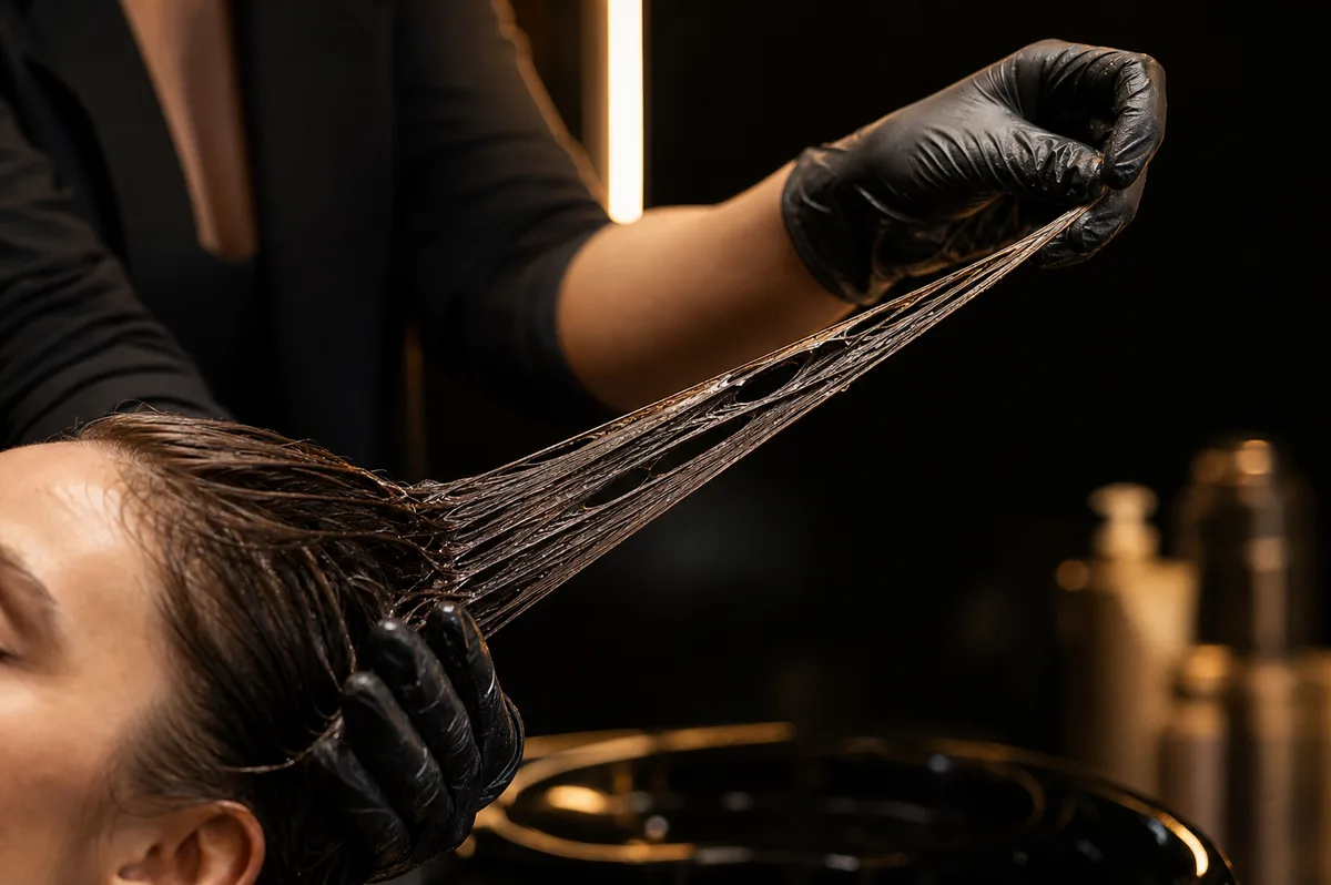 Fio de cabelo molhado esticado entre os dedos, mole e sem retorno