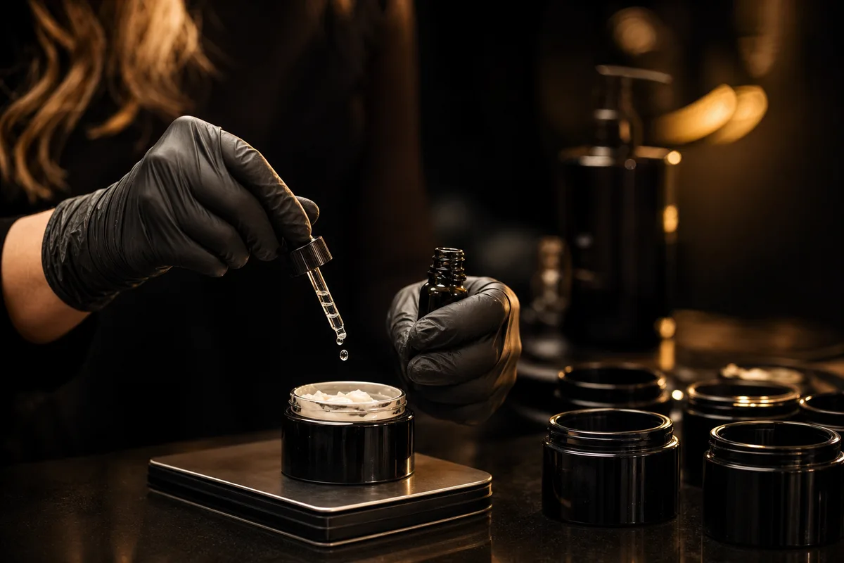 Béquer de vidro com creme branco recebendo uma gota sob luz dourada