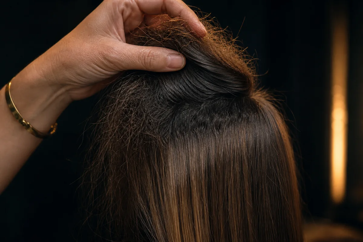 Mecha de cabelo com textura irregular, lisa nas pontas e armada na raiz