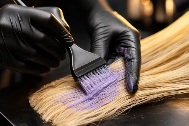 Creme matizador violeta em bowl preto com pincel sob luz dourada