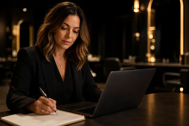 Profissional trabalhando em notebook na recepção escura do salão