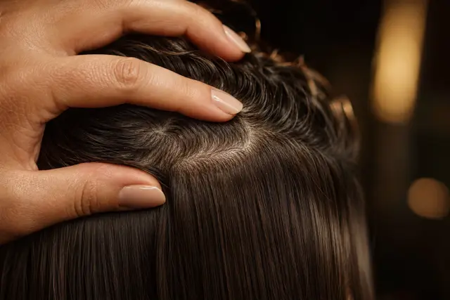 Cabelo escuro longo e liso com brilho em movimento sob luz dourada