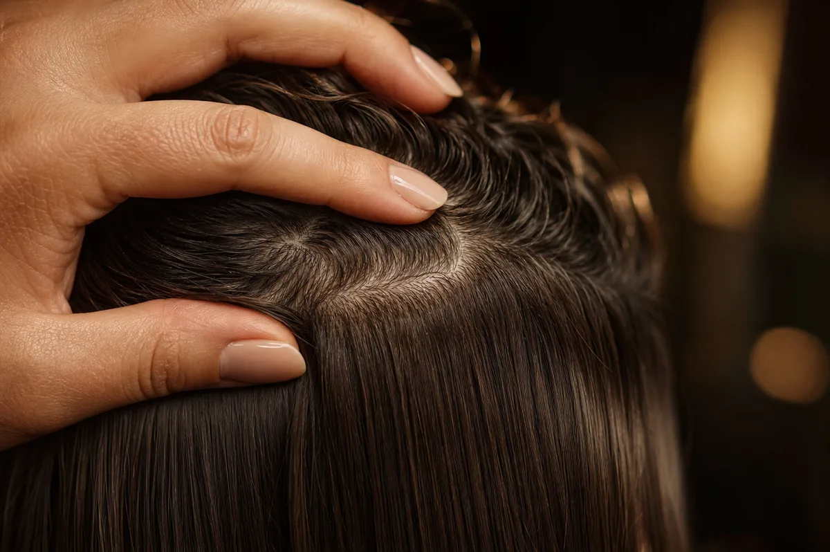 Cabelo escuro longo e liso com brilho em movimento sob luz dourada
