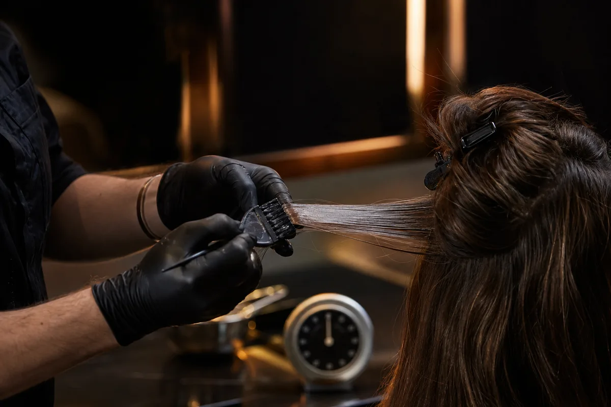 Mechas de cabelo presas lado a lado na bancada escura para comparação