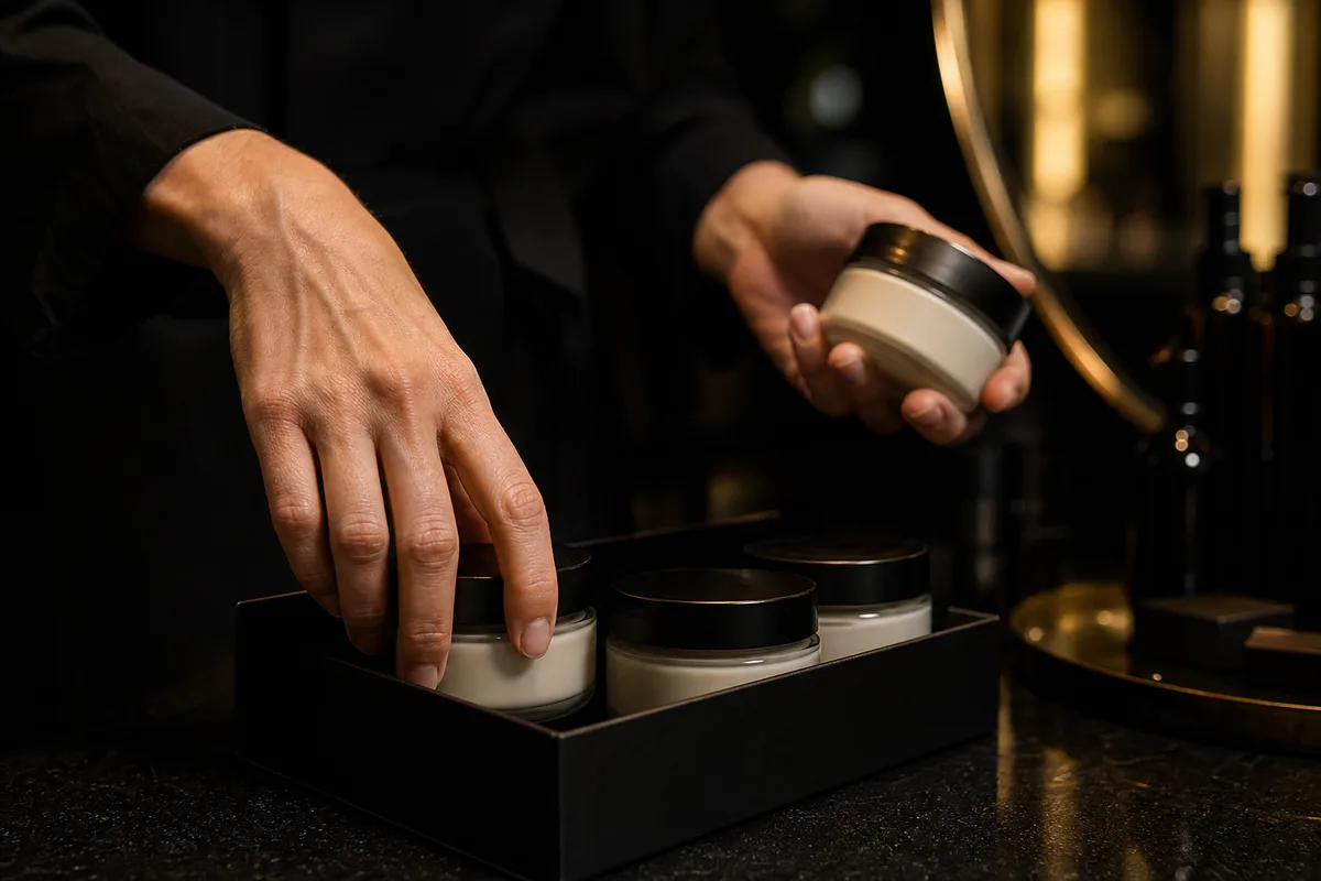 Dois potes cosméticos idênticos, um aberto com espátula e outro lacrado com rótulo em branco